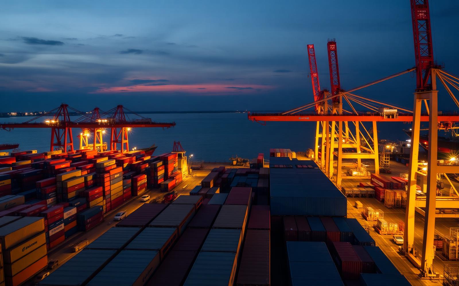 Container port at dusk